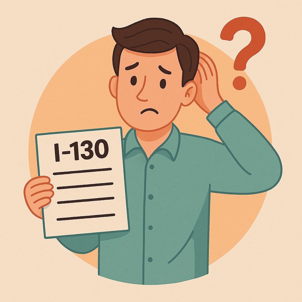 Illustration of person with I-130 form and question mark