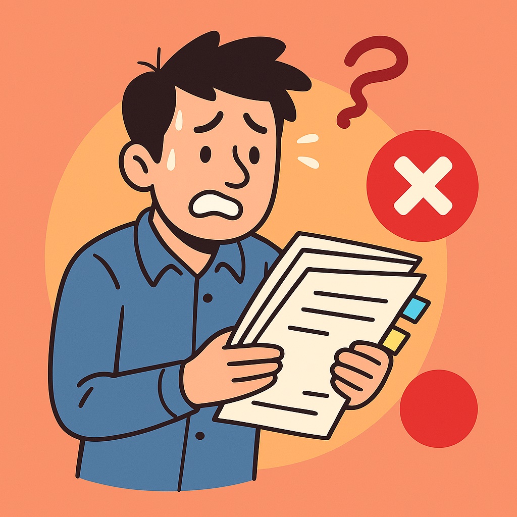 Cartoon of person looking stressed with documents