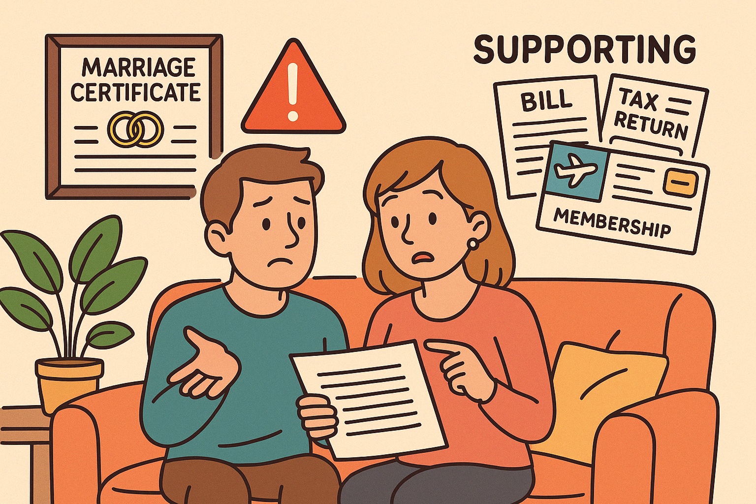 Marriage certificate with warning sign